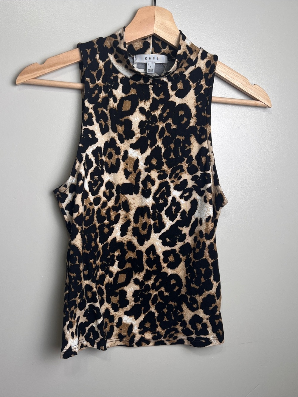 Gaze Leopard-Print Mock Neck Tank Top Size Small, Black & Tan, EUC